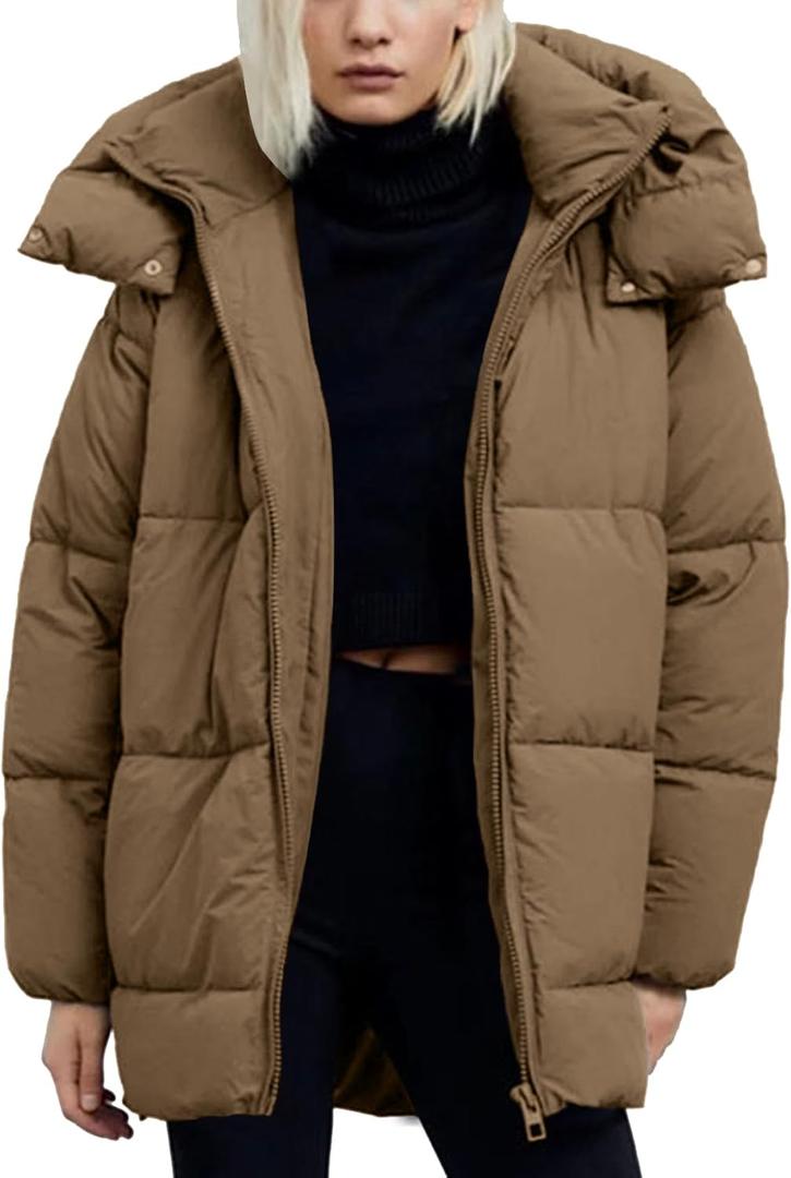 Flygo Womens Hooded Quilted Puffer Jacket Mid-Length Padded Warm Winter Heavyweight Coat Outerwear (Small, Khaki)