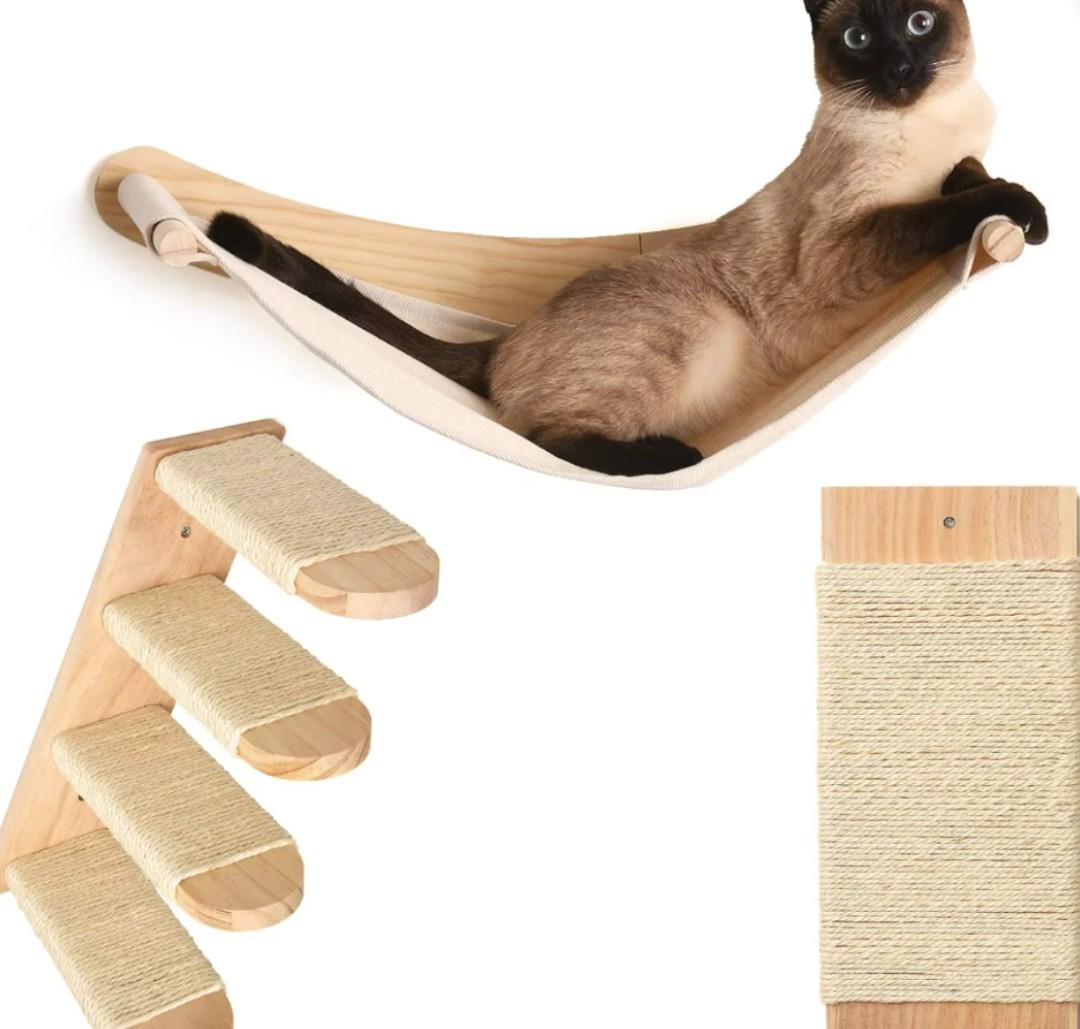 Chasing Tails Cat Wall Shelves - Four Step Cat Shelf with Scratch Board, Mounted Cat Shelves, Sturdy Cat Wall Furniture for Indoor Cats, Kittens - Extra Cat Wall Hammock Cover Included