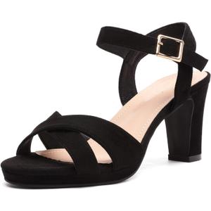 DREAM PAIRS Women's Chunky Heels Open Toe Ankle Strap Sparkly Heels Pump Sandals, Size 7.5,Black/Suede,ICE-1