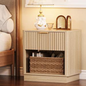 Trironsun Fluted Nightstand with Charging Station Modern Bedside Table with Drawer and Open Shelf Mid Century End Table with Storage for Bedroom Living Room Sofa Office, Yellow Oak