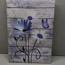 HVEST Vintage Floral Canvas Wall Art Blue and White Daisy Butterfly on Farmhouse Wooden Wall Decor for Bedroom, Country Wildflower Framed Wall Art for Living Room Office Home Decor, 24L X 16W inches