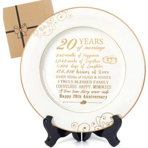 Urllinz 20 Year Anniversary Plate with 24k Gold Foil Decorations - 20th Anniversary Wedding Gifts for Wife Couple Him Her Husband, Ceramic 9"