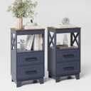 Tall Nightstand Set of 2 Side Table with 2 Drawers Modern Night Stand Wooden Rustic End Table Bedside Table with Upper Open Shelf Solid Feet for Bedroom Navy Blue+Walnut, Bottom Drawers