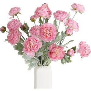 IPOPU Pink Peonies Artificial Flowers 6pcs Pink Artificial Ranunculus Flowers18Heads Pink Silk Peonies with Stems Real Look for Spring Decorations Floral Arrangements Home Table Centerpiece (Pink)