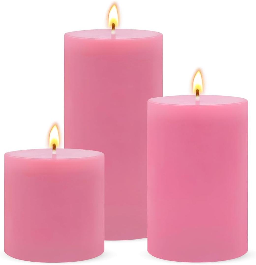 Pink Unscented Pillar Candles 3-Pack  Dripless & Smokeless, Long-Burning Thick Candles (2",3",4" Heights) for Weddings, Home Decor & Serene Ambiance