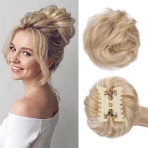 Curly Messy Bun Hair Piece with Claw Clip, Human Hair Bun Ponytail Extensions for Women, Wavy Curly Chignon Updo Pieces for Quick Styling, Natural Looking, 45g, Golden Brown Mix Bleach Blonde