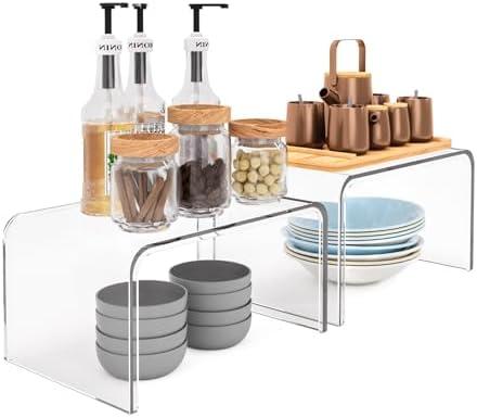 Cabinet Riser- Set of 2 Clear Organizer Riser Stand, Shelf Riser for Kitchen Storage, Display Pantry Shelf Room Decor Countertop Desk Shelves, Retail Display Stand, Size 7.5"xW11.5" H6.5"
