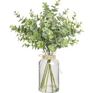 12" Artificial Eucalyptus Stems in Glass Vase with Faux Water, Realistic Eucalyptus Leaves Fake Plant Branch Greenery Decoration for Home Farmhouse Bathroom Kitchen Wedding Centerpiece Table Décor