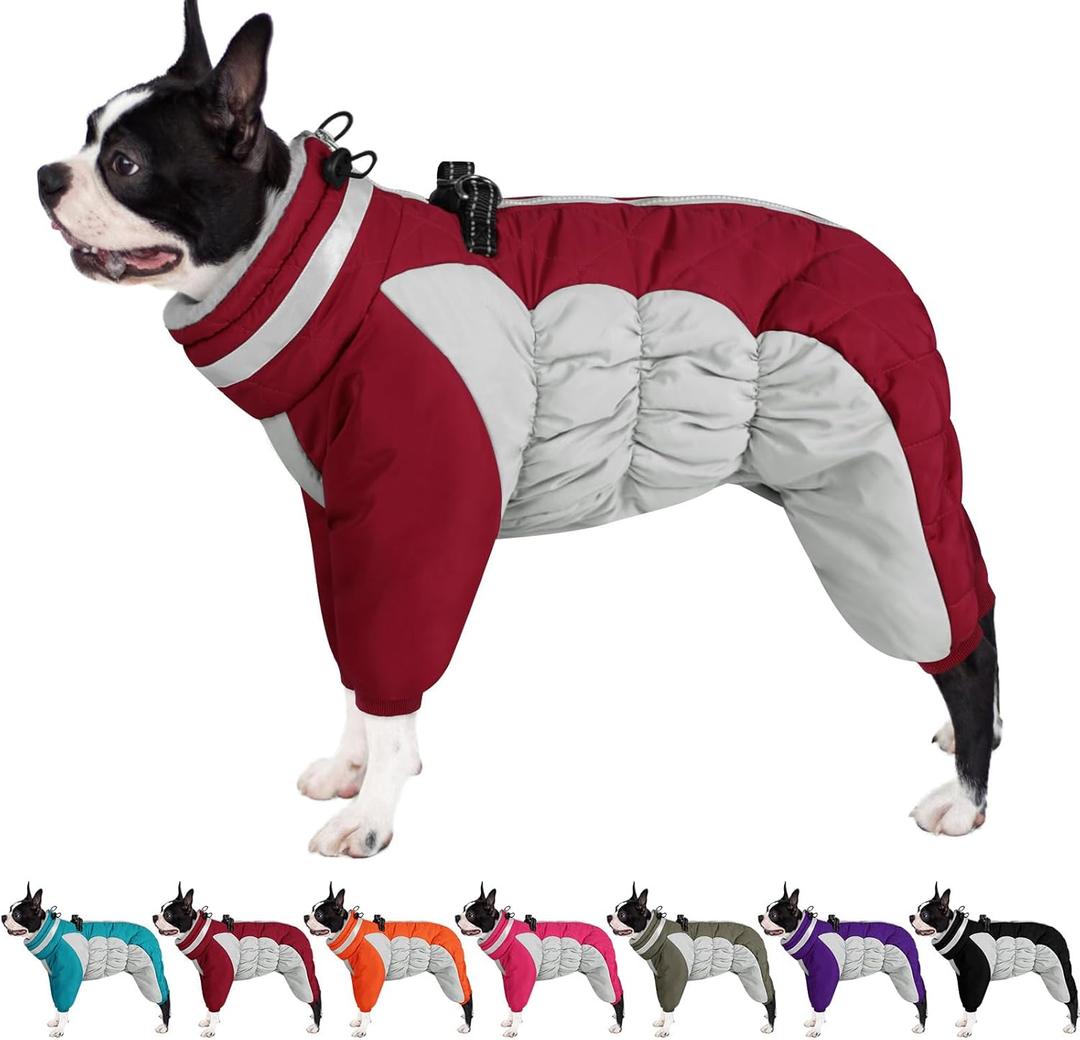 AOFITEE Fullbody Dog Coat Warm Fleece Dog Jacket, Windproof Dogs Winter Coat with Harness Built in, Reflective Turtleneck Dogs Snowsuit Puffer Jacket, Four Legged Pet Snow Suit, Christmas Red XS (Burgundy)