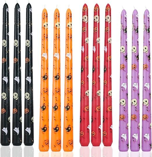 Halloween Witch Taper Candles 12 Inch Tall Decorative Candles Unscented Ghost Candlesticks Halloween Party Dinner Table Decorations Unique Purple Orange Black Red Candles,Set of 12 Halloween candles
