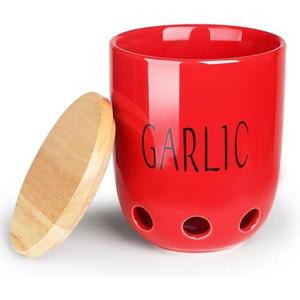 HAOTOP Ceramic Garlic Keeper for Counter, Garlic Saver Container with Wood Lid, Garlic Keeper for Kitchen, Garlic Holder to Keep Your Garlic Cloves Fresh Longer (Red)