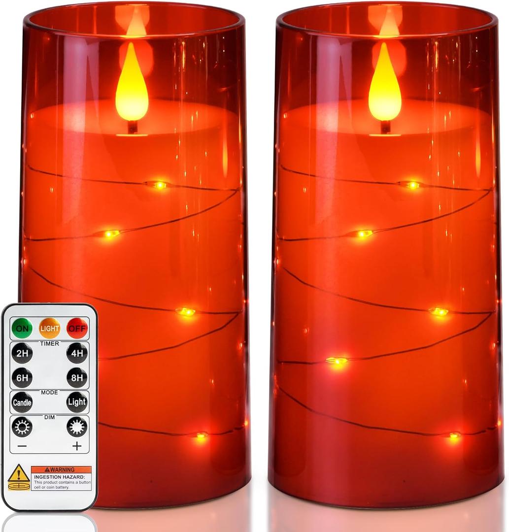Homemory Flameless Candles with Embedded Star String Fairy Lights, Battery Operated Candles, LED Candle, Fake Candles with Remote Control and Timer, Red, Set of 2(H 6" 6")