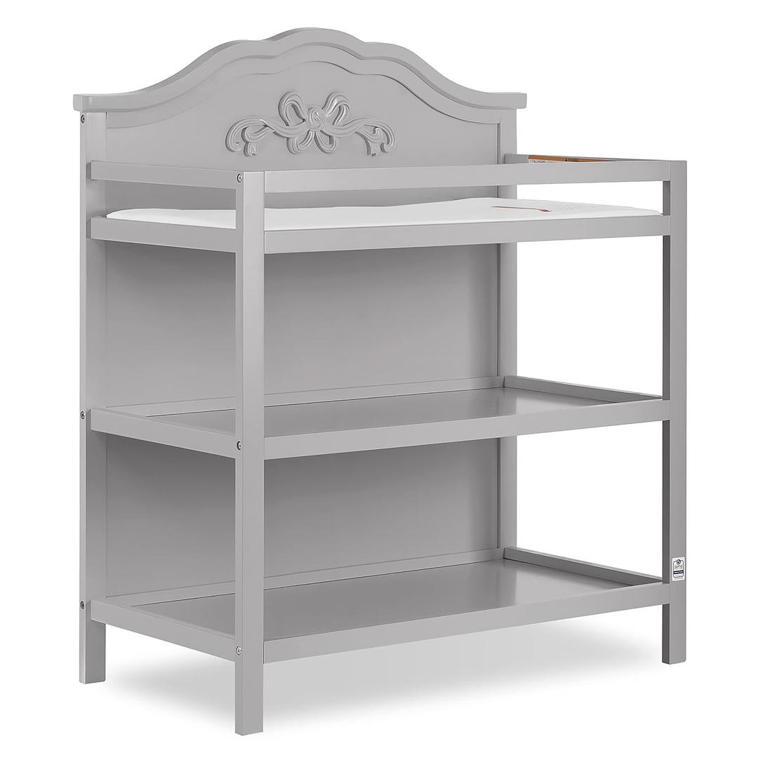 Sweetpea Baby Jasmine Changing Table in Platinum – Solid New Zealand Pinewood, Safety Rails & Strap, Spacious Fixed Storage Shelves, Water-Resistant 1" Changing Pad