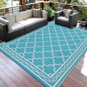 GarveeHome Outdoor Rug 5x8 Waterproof Outdoor Plastic Straw Rug for Patio Reversible Portable Plastic Straw Rug Indoor Outdoor Carpet for Porch, Deck, Backyard, Balcony, Teal/White(Geometric)