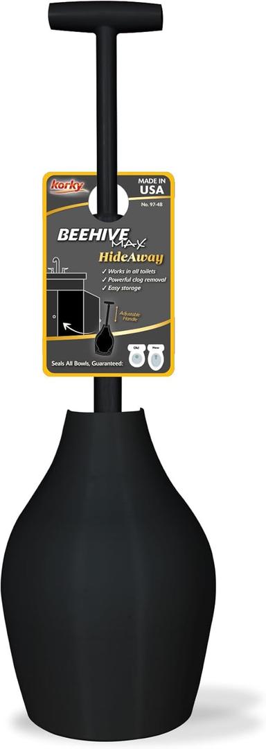 Korky BeehiveMAX Hideaway - Heavy Duty Toilet Plunger with Holder in Black - Drip Free Carry-Seals All Bowl Shapes  Powerful Clog Removal, 97-5B