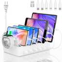 Charging Station for Multiple Devices, 6 Port 50W Fast Multi Charger Station Charging Dock with 6 Mixed Charging Cables for iPhone, iPad, Kindle, Tablet, Cellphone and Others (White)