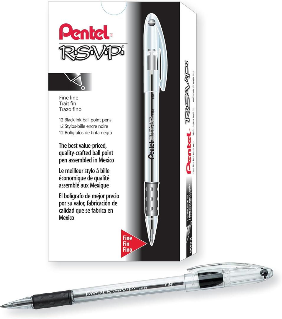 Pentel RSVP Ballpoint Pen, Fine Line, (0.7mm), Black Ink (BK90-A) (Pack of 1, 12 Count Total)