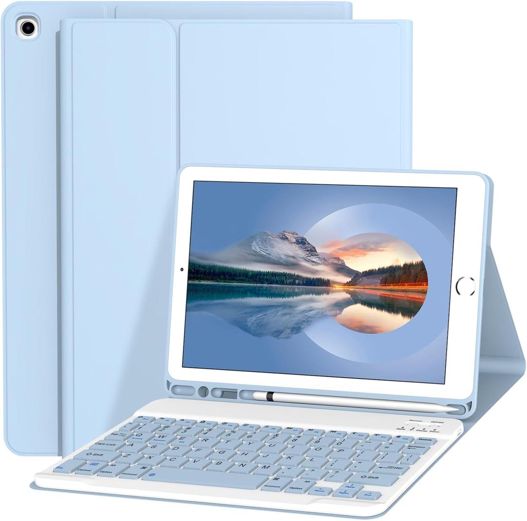 Keyboard Case for iPad 9.7 Inch 2018/2017 6th/5th Generation, Air 2/1 [Magnetic Detachable Wireless Keyboard][Support 3 System] Flip Stand Case with Pencil Holder for iPad 9.7, Light Blue