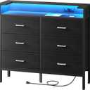 BOLUO Black Dresser with LED Light and Charging Station for Bedroom 6 Drawer Dresser with USB Outlet, Fabric Dressers & Chests of Drawers Modern