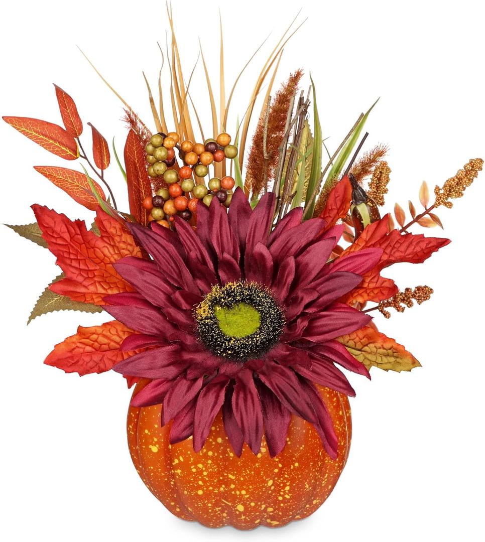 Artificial Pumpkin Floral Arrangement with Burgundy Sunflowers & Autumn Leaves  Fall Table Centerpiece for Thanksgiving, Halloween & Harvest Dcor  Rustic Farmhouse Pumpkin Autumn Dcor