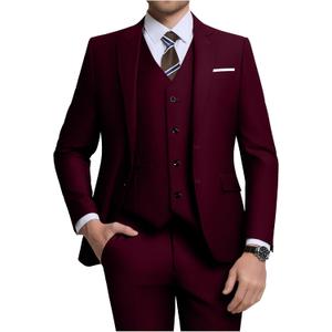 Men's 3 Piece Slim Fit Suit Set, Two Button Blazer Solid Jacket Vest Pants Wedding Business Suit, Medium, Burgundy