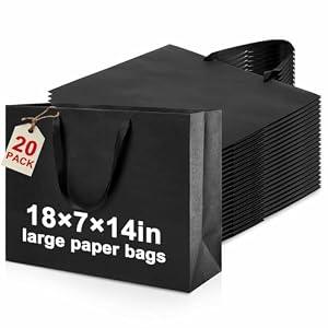 Fuyoooo 20 Pcs 18" x 7" x 14" Extra Large Gift Bags with Ribbon Handles, Reusable Heavy Duty Sturdy Kraft Paper Bags Bulk for Shopping, Retail, Grocery, Wedding Gifts, Party Favors (Black)
