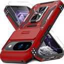 DEERLAMN Case for Google Pixel 10/10 Pro with Slide Camera Cover+Screen Protector(1 Pack), Rotated Ring Kickstand Military Grade Shockproof Protective Cover-Red