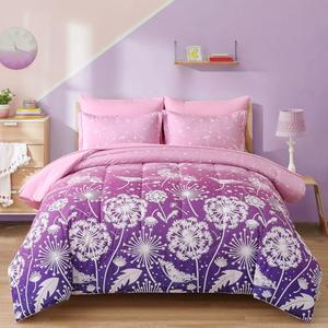 Menghomeus Girls Comforter Set Queen Size 7 Pieces Bed in A Bag Ombre Pink Purple Rainbow Bedding Set Dandelion Butterfly Print Kids Bedding Collections