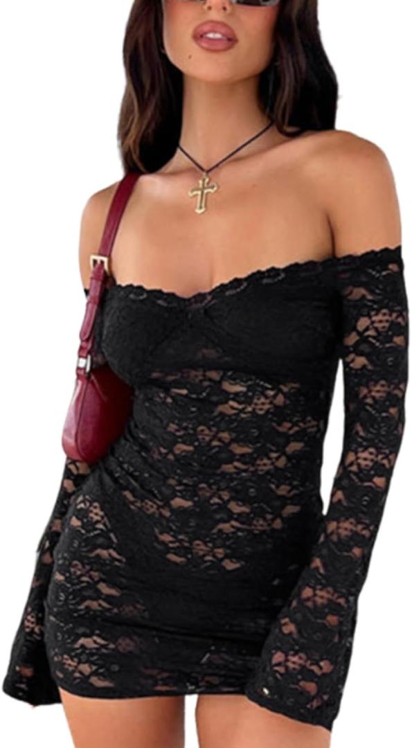 Womens Sexy Off Shoulder Lace Dresses Long Sleeve See Through Bodycon Mini Dress Y2K Dress Birthday Date Night Outfit, Black, Small 