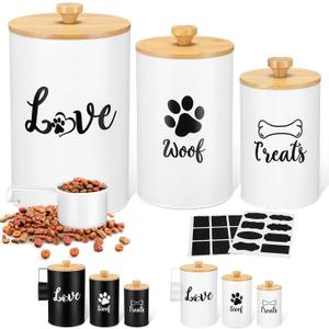 Tioncy Dog Treat Container Set of 3 with Bamboo Lids and Spoon Airtight Metal Dog Treat Jars with DIY Labels Pen Large Pet Cookie Snack Food Storage Container for Kitchen Counter(White)