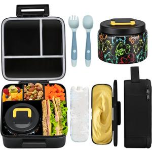 Bento Lunch Box for Kids With 8oz Soup thermo,Leak-proof Lunch Containers with 5 Compartment,thermo Food Jar and Lunch Bag, Food Containers for School (A-Black(Game Consoley))