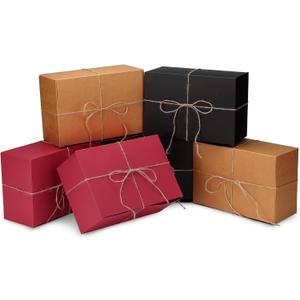 Spiareal 12 Pcs Christmas Boxes with Lids 9.5'' x 6.5''x 4'' Square Kraft Boxes with Twine for Xmas Gift Wrapping Holidays Wedding Birthday Party (Red, Black, Brown)