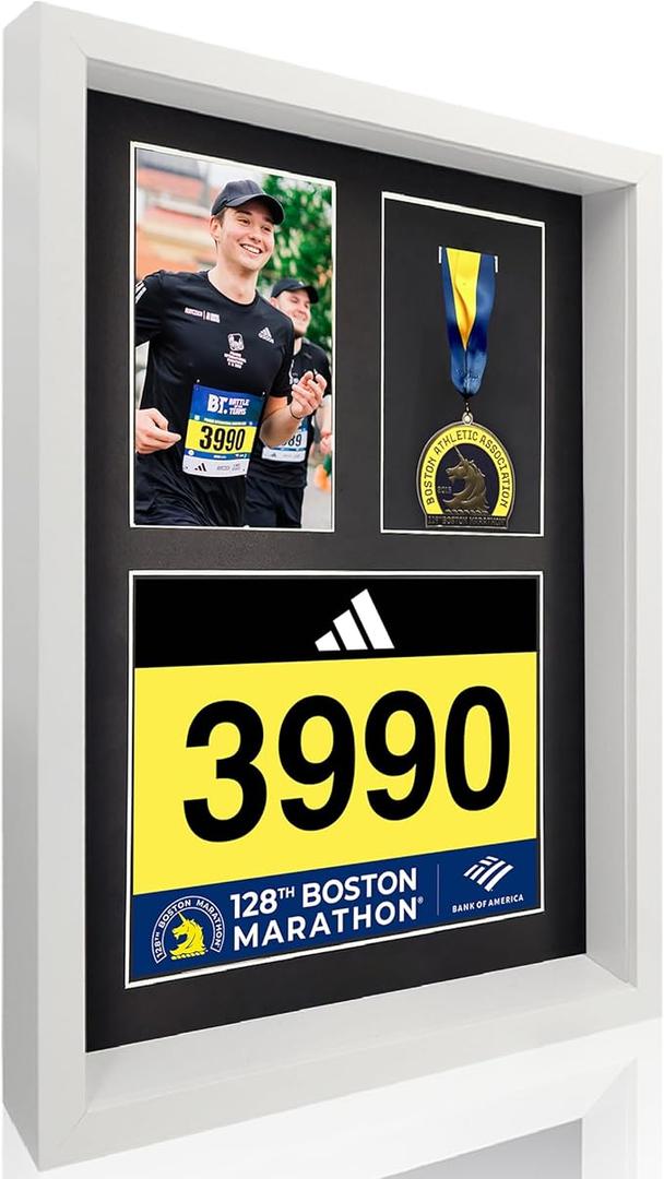 RattanView Medal Display Frame Shadow Box 3 in 1 Marathon Medal and Photo Display Frame Case 17 x 12.5 Inch Black Wood Award Storage Box for Runners, Race Bibs All Sport Winner, Military Award(White)