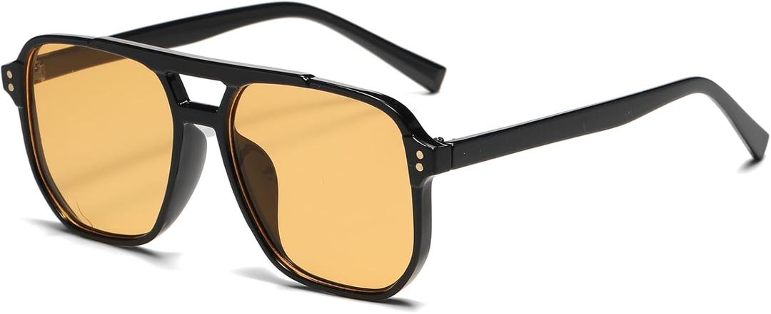 PORADAY Retro Aviator Sunglasses for Women Men Trendy Classic 70s Square Frame Sun Glasses Vintage Aviators Shades (Black/Orange)