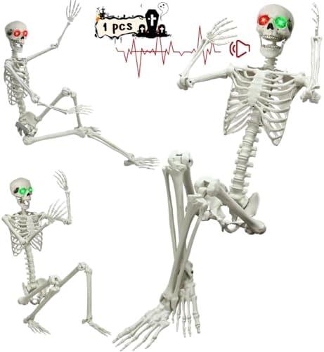 5.4Ft Halloween Skeleton, Posable Life Size Skeleton with Glowing Eyes Creepy Sound, Plastic Skeletons with Movable Joints for Graveyard Prop, Indoor Outdoor Haunted House Party Decor