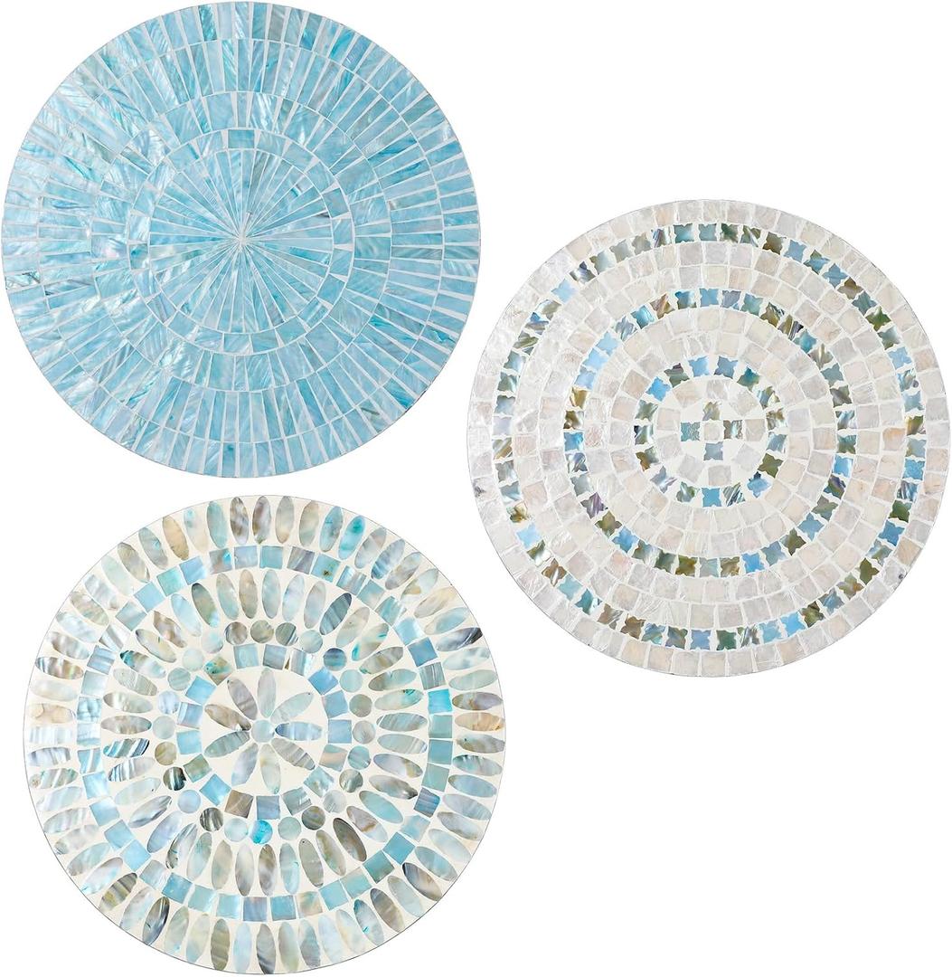 Tioncy 3 Pcs 11.8 Inches Spring Summer Blue Mother of Pearl Shell Plate Coastal Wall Art Mosaic Wall Sculpture Shell Handmade Hanging Plates Arts for Bedroom Bathroom Home Office Hotel (Costal Style)