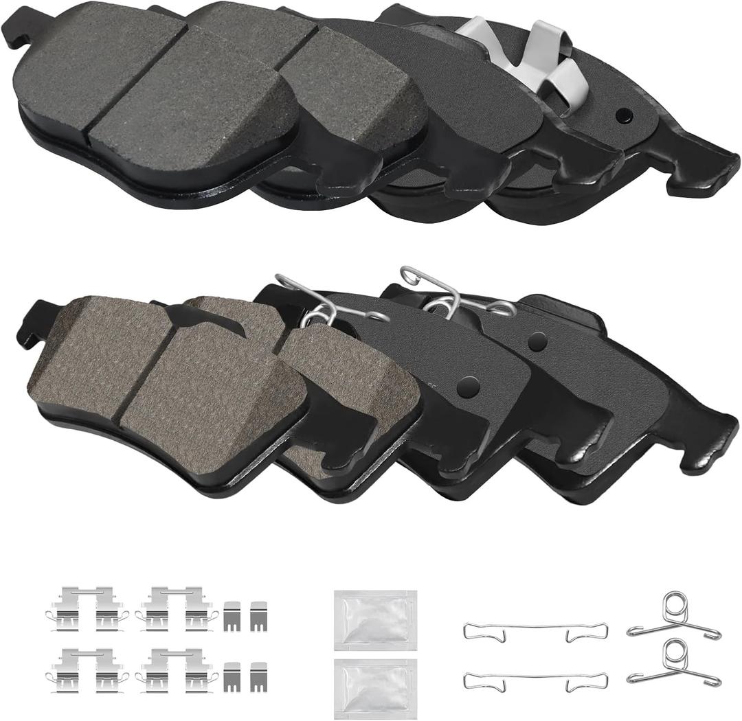 Front and Rear Ceramic Brake Pads Kits with Hardware Set, Compatible with Ford EcoSport Escape Focus Transit, Mazd 3 5, Volvo C30 C70 S40 V50 (D1044, D1095)