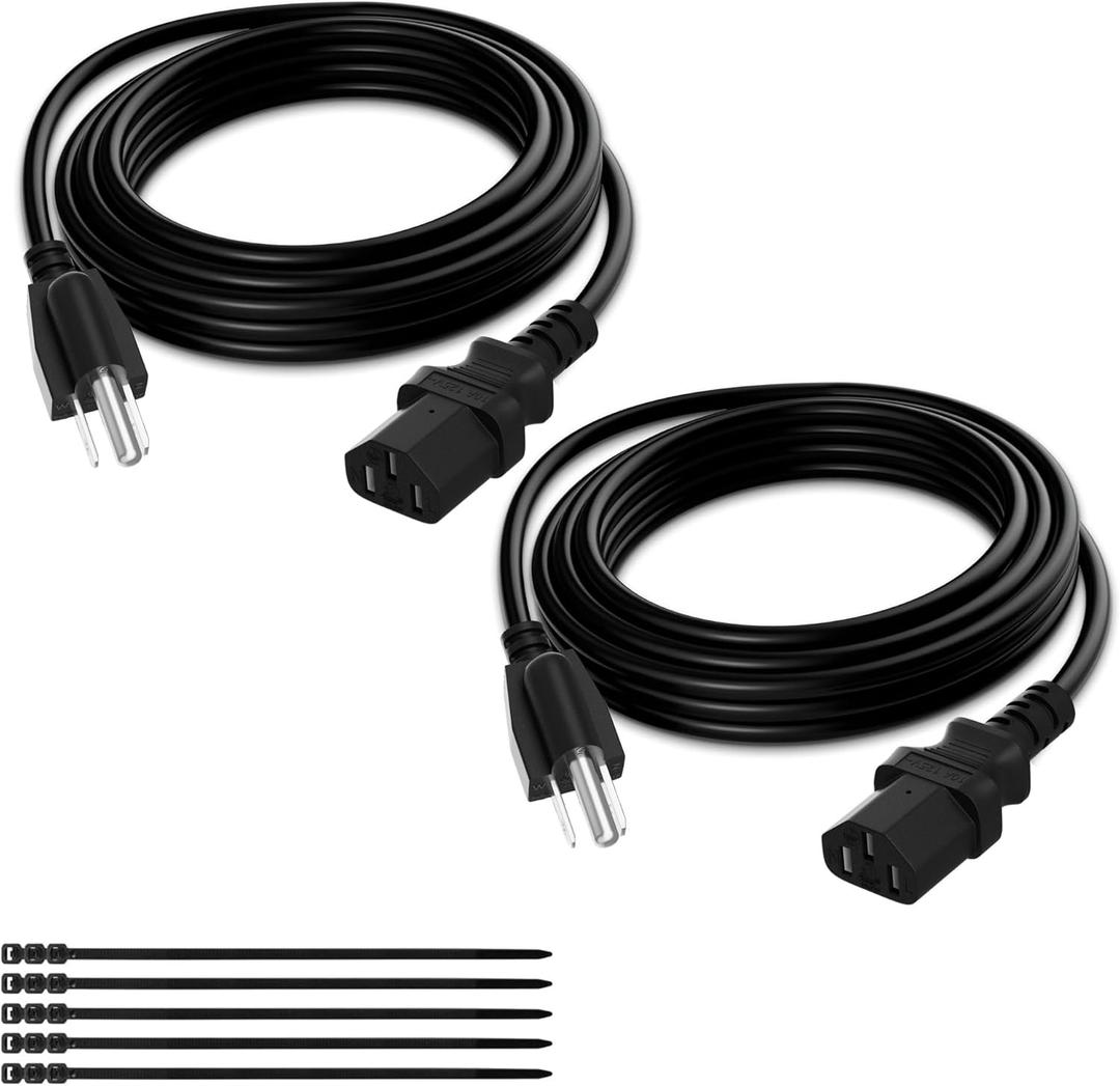 Elecan 3-Prong Replacement Power Cord 10 Ft/2 Pack, Heatproof Flexible Durable AC Device Power Cable for Appliance, Computer, TV, Monitor, Printer, ETL Listed 18AWG 125V 10A, with Ties