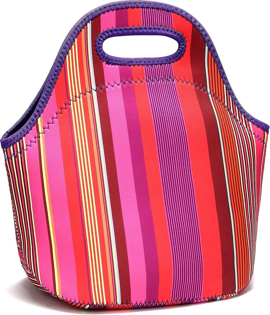 Neoprene Lunch Bags Thermal Insulated Lunch Tote Bag Reusable Washable Neoprene Picnic Bag for Women Men (Stripes)