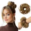 Messy Bun Hair Piece for Women Human Hair Buns Medium Brown Highlights Elastic 1Pcs 100% Real Hair Ponytail Wavy Curly Durable Bun Scrunchies Thick Updo Hairpieces (#P4-27 Medium Brown Highlights)
