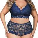 Avidlove Plus Size Lingerie Set for Women Sexy Lace Halter Bralette High Waist Panty Set (Navy Blue)