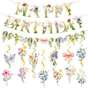 SUNBEAUTY Wildflowers Butterfly Birthday Decorations Garden Flower Happy Birthday Banner with Floral Hanging Swirls Wildflower Party Decorations for Women Girls Baby Shower Wedding Tea Party