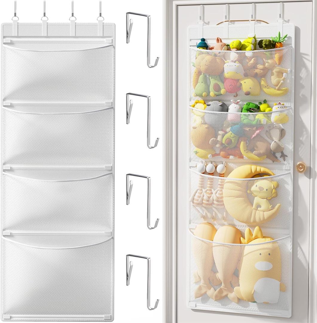 Criusia Stuffed Animal Storage, Over The Door Organizer with 4 Mesh Pockets, Toy Organizers and Storage for Nursery, Baby Supplies, Hanging Door Organizer for Kids Room & Playroom Organization, White
