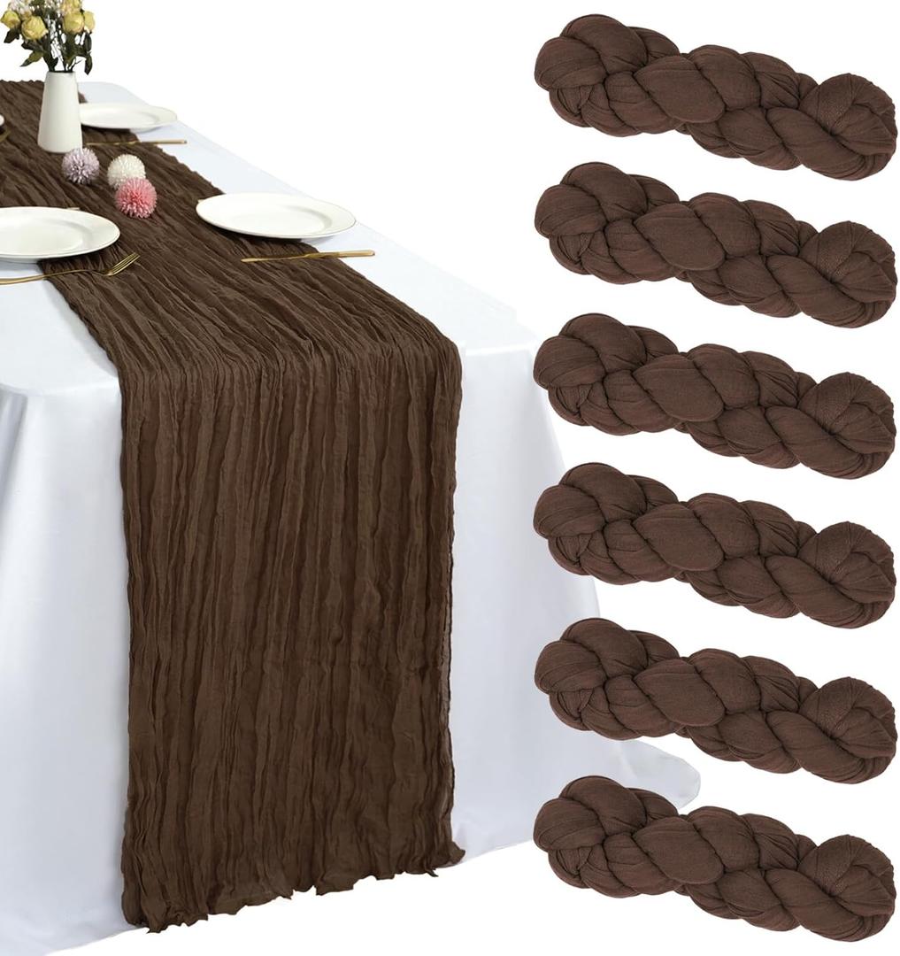 6 Pack Brown Cheesecloth Table Runner 10FT Boho Cheese Cloth Gauze Fabric Table Runner 35 x 120 Inch Rustic Sheer for Bridal Wedding Decor Holiday Home Baby Shower Party Decoration