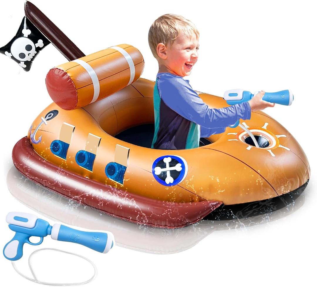 AMENON Inflatable Pirate Ship Pool Float with Water Squirt Guns, Summer Beach Toys for Toddlers Kids Ages 3-11, Blow Up Swim Floats for Outdoor Pool Party Boys Girls (1 Pack)