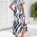 MISFAY Women's Summer Casual Maxi Dress 2026 Short Sleeves V Neck Loose Sundress Split Long Beach T Shirt Dress Vacation Outfits(Navy Blue Leaf,S) (S)