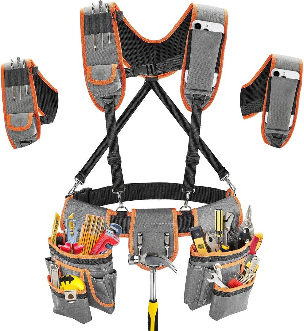 Tool Belt with Suspenders, Heavy-Duty 24-Pocket Work Belt for Electrician, Carpenter, Construction, Detachable & Adjustable Tool Pouch Bag for Men -Fits Waists 33"-48"