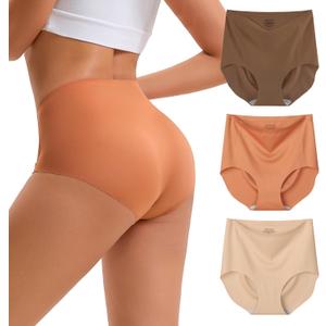 INNERSY Women's High Waist Seamless Underwear No Show Panties Full Coverage Briefs 3-Pack (Large, Maillard)