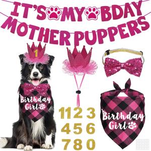 Dog Birthday Decorations, Multi Sizes Dog Birthday Bandana Girl Dog Birthday Hat Crown Bow Tie Birthday Numbers Its My Bday Mother Puppers Sign Banner for Medium Large Dogs Pets (Pink, Large)