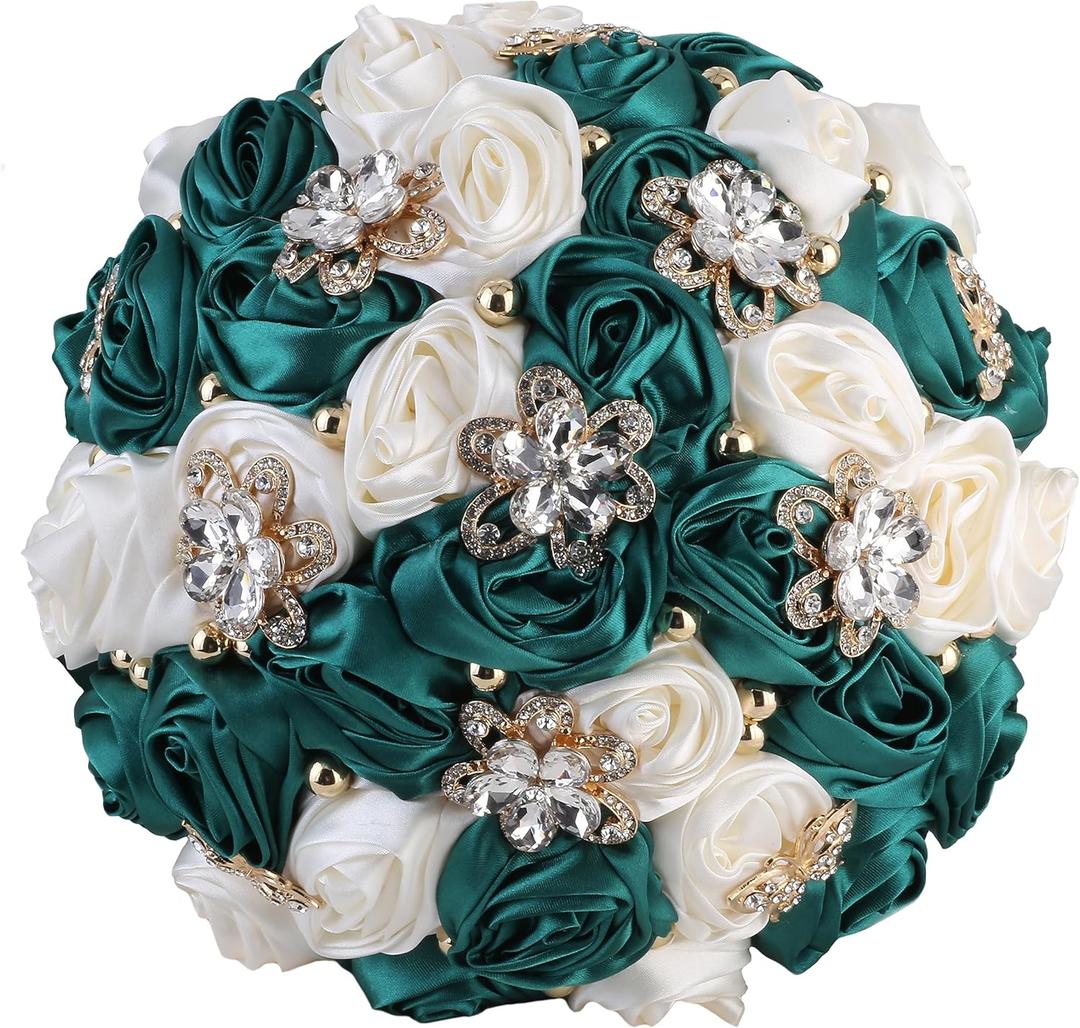 Handmade Bridal Wedding Bouquet Satin Rose Artificial Flower Bouquet for Bride Bridesmaid Holding Toss Round Wedding Bouquets Sparkling Rhinestone Brooch Crystals Pearl Dark Green & Ivory